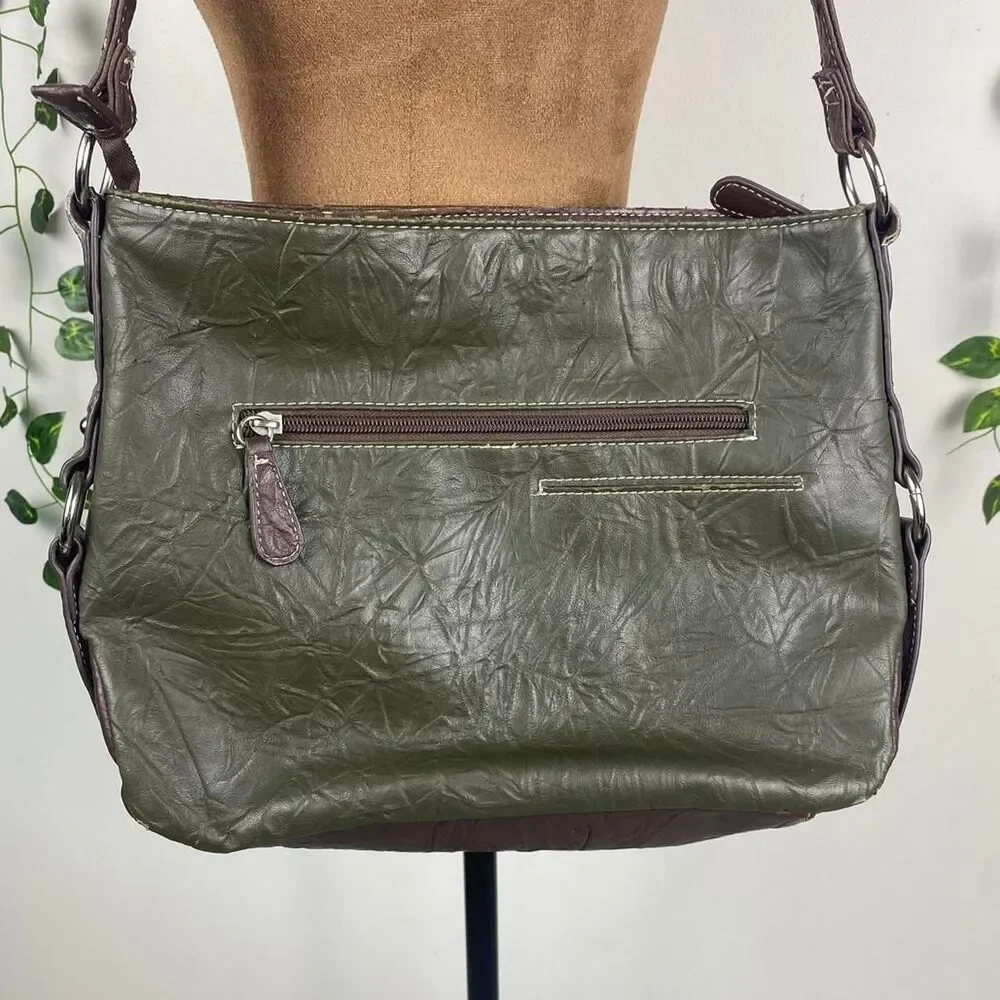 Stone Mountain Olive Green & Brown faux Leather Hobo Bag silver hardware